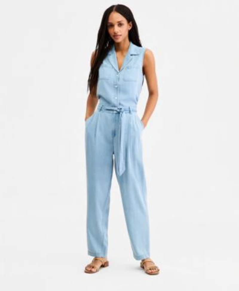 Tommy Hilfiger Womens Chambray Collared Sleeveless Shirt Tapered Pants