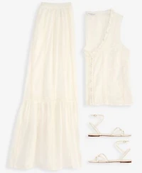 Liverpool Los Angeles Womens Embroidered Cotton Sleeveless Top Embroidered Tiered Cotton Pull On Maxi Skirt