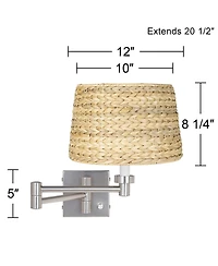 Possini Euro Design Modern Swing Arm Wall Lamps Set of 2 Brushed Nickel Plug-In Light Fixture Woven Seagrass Shade Bedroom Bedside