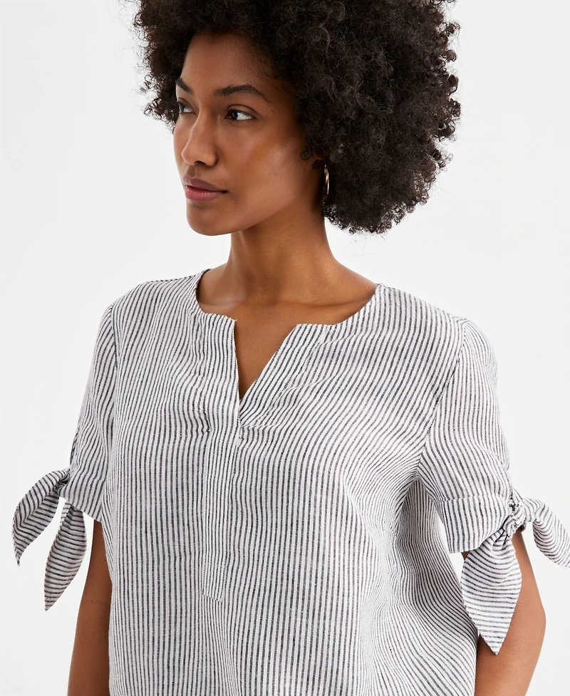 Charter Club Women's 100% Linen Split-Neck Tie-Cuff Top, Created for Macy's