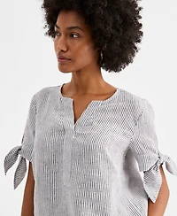 Charter Club Women's 100% Linen Split-Neck Tie-Cuff Top, Created for Macy's
