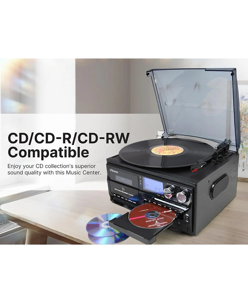 Victor Cosmopolitan 8-in-1 Bluetooth Turntable Music Center with Cd and Cassette Player and Radio