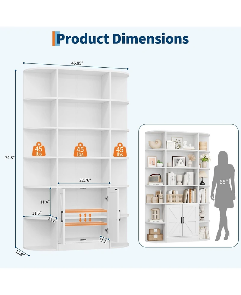 gaomon 75" Tall 6-Tier Wide Modern Wooden Bookcase with Storage Cabinet and Doors