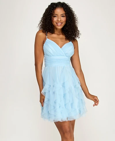pear culture Juniors' Surplice-Neck Ruffle-Skirt Dress