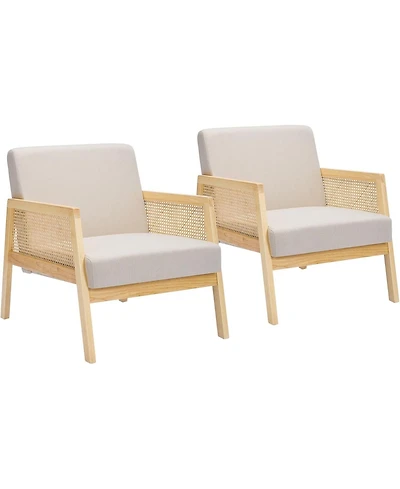 gaomon Wood Accent Armchair with Rattan Backrest and Linen Cushion