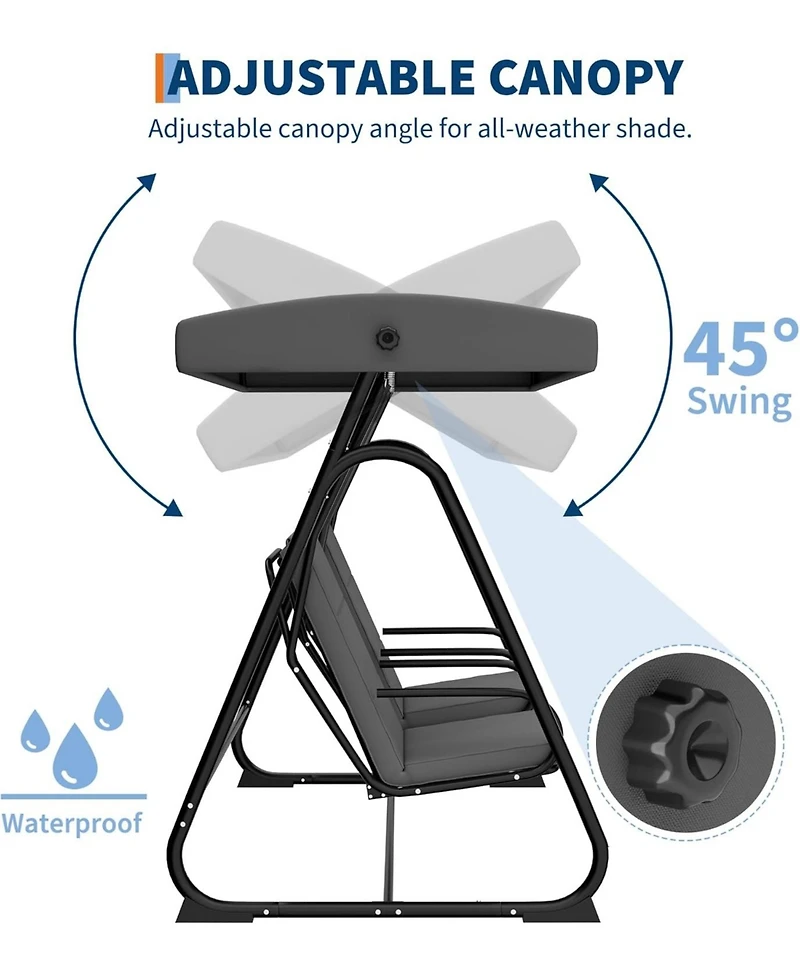 gaomon 2-Seat Patio Swing Chair- Adjustable Canopy 440lbs Alloy Steel Frame