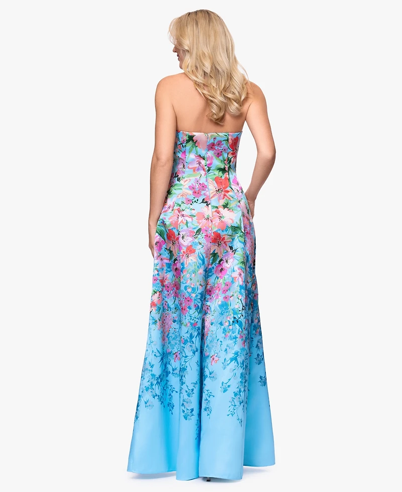 Betsy & Adam Petite Printed Strapless Ball Gown