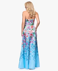Betsy & Adam Petite Printed Strapless Ball Gown