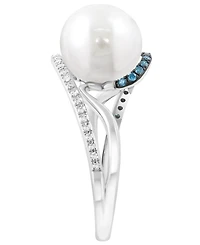 Effy Collection Freshwater Pearl (10mm), White Diamond (1/10 ct. t.w.) & Blue Diamond (1/8 ct. t.w.) Ring in 14k White Gold