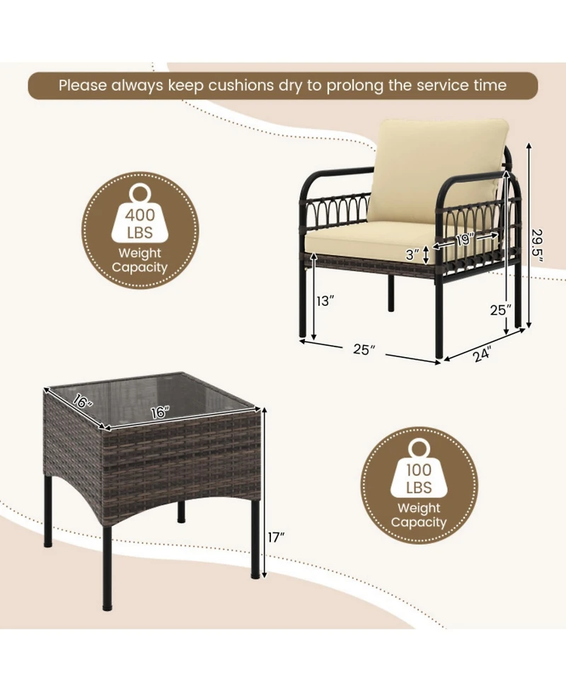 Clihome 3 Pieces Patio Wicker Conversation Set with Cushions and Tempered Glass Coffee Table