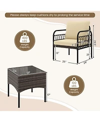 Clihome 3 Pieces Patio Wicker Conversation Set with Cushions and Tempered Glass Coffee Table