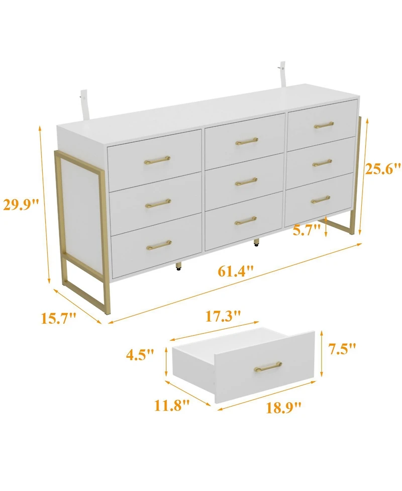 Famapy Wood 9 Big Drawers Dresser with Metal Frame Legs