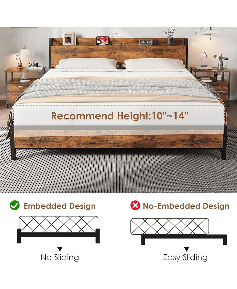 gaomon Metal Bed Frame with Charging Station, Wood Headboard and Footboard, Heavy-Duty Platform