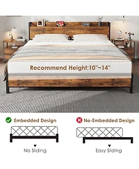 gaomon Metal Bed Frame with Charging Station, Wood Headboard and Footboard, Heavy-Duty Platform