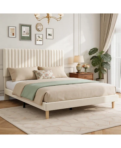 Homfan Velvet Bed Frame, Vertical Channel Tufted Headboard, Height Adjustable