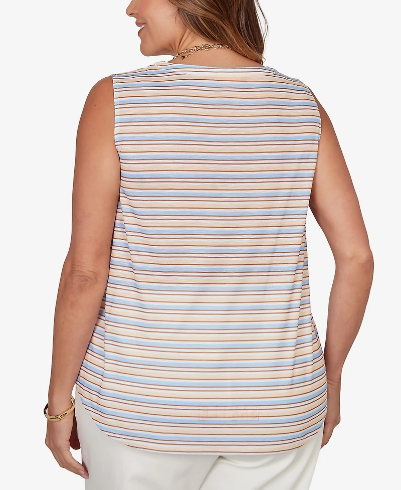 Hearts Of Palm Plus Striped Slub Sleeveless Henley Tie Front Top