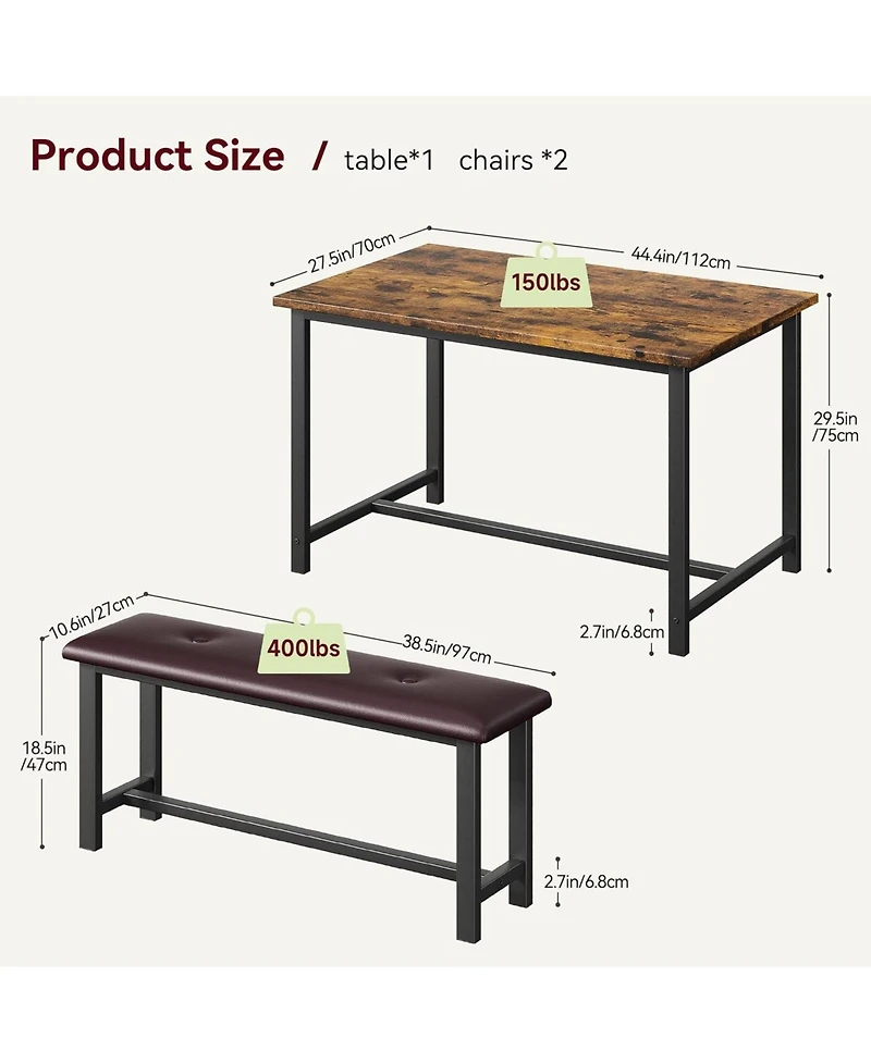 gaomon 3Pcs Dining Table Set, Kitchen and Benches for 4, Rectangular Room Set with 2 Upholstered Benches,