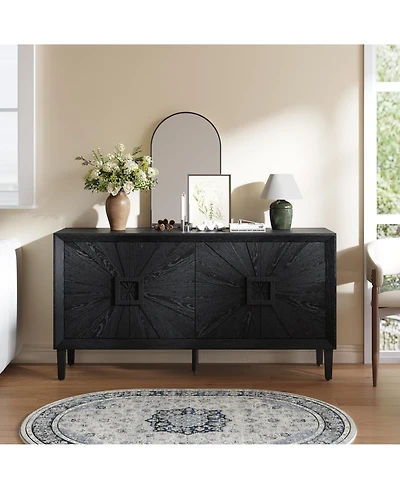 Rainsken Wood Storage Cabinet, Farmhouse Buffet Sideboard with Symmetrical Sunburst Door Design and Adjustable Shelves for Living Room