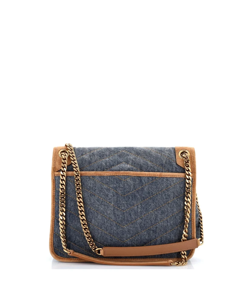 Pre-Owned Saint Laurent Medium Niki Chain Flap Bag Matelasse Chevron Denim with Suede
