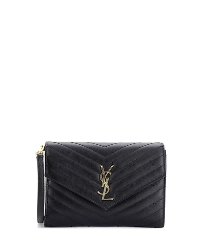 Pre-Owned Saint Laurent Classic Monogram Envelope Wristlet Clutch Matelasse Chevron Leather