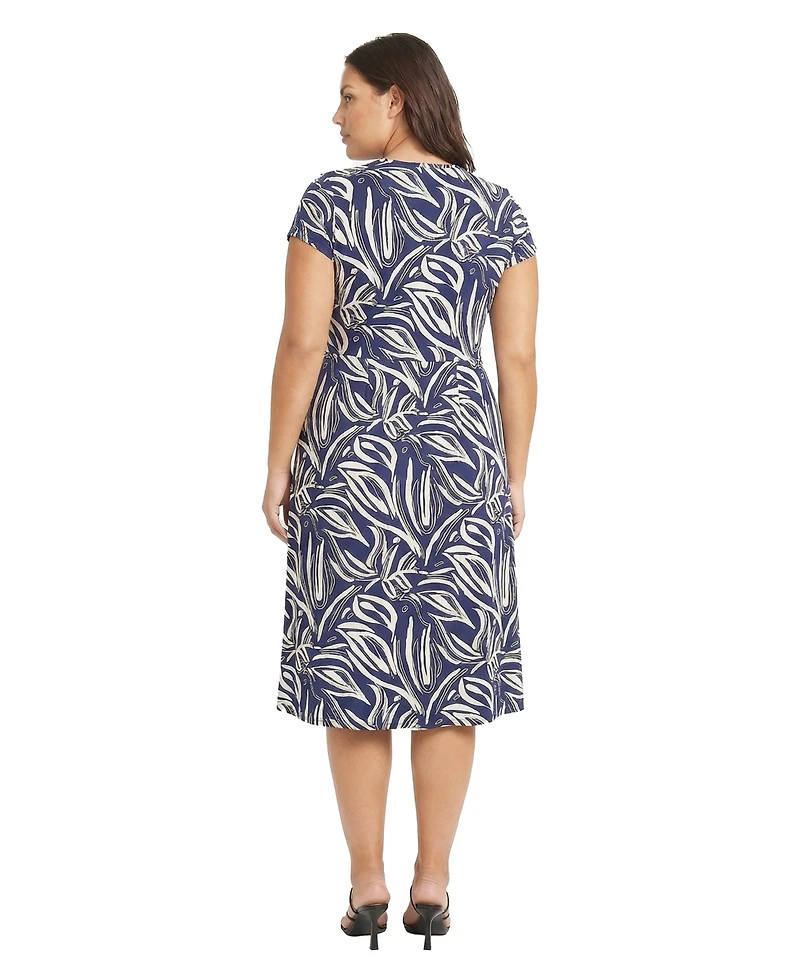 24seven Comfort Apparel Plus Essential Curvy Abstract Print Midi Dress