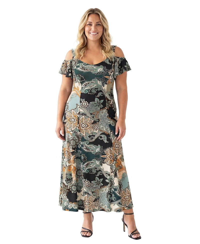 24seven Comfort Apparel Plus Elevate Curvy Paisley Print Maxi Dress