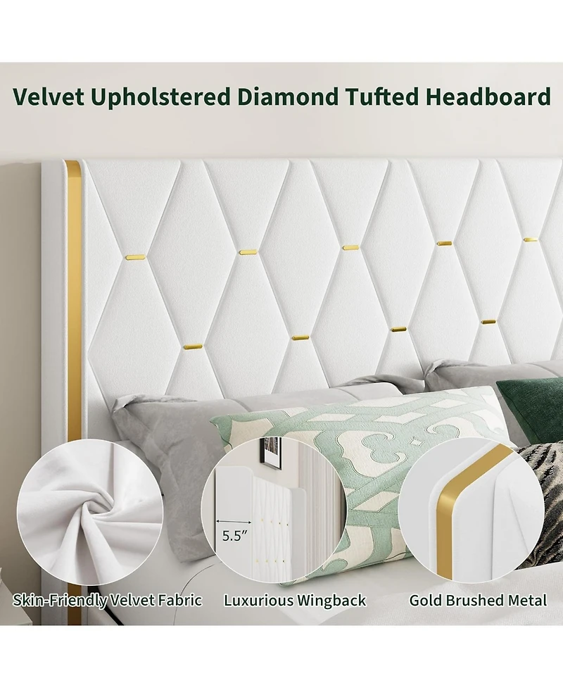 gaomon Full Lift-Up Storage Bed Frame with Tufted Headboard and Gold Trim, Upholstered Platform