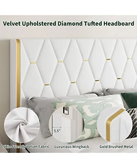 gaomon Full Lift-Up Storage Bed Frame with Tufted Headboard and Gold Trim, Upholstered Platform