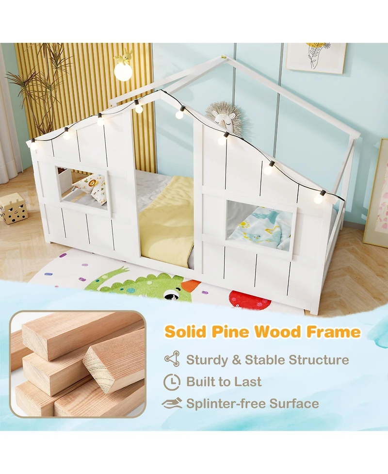 Gouun Twin Size House Bed with Led Lights, Montessori Slat-Free Floor Bed