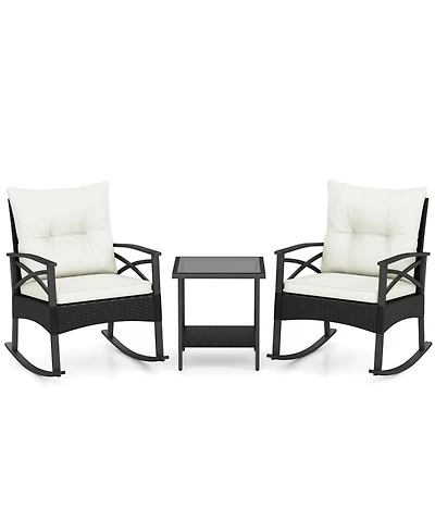 Gouun 3-Piece Rattan Rocking Chair Set with Tiered Side Table