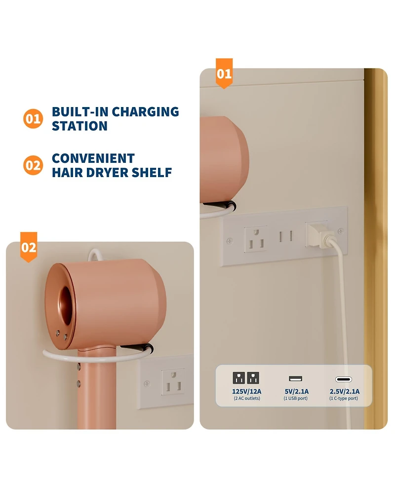 Homfan Sliding Mirror Vanity Set with 3-Level Adjustable Lighting, Stool, Power Outlet, Hairdryer Holder, and Storage Cabinet