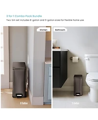 Home Zone Living 8 Gallon and 3 Gallon Slim Stainless Steel Trash Can Combo Set with Step Pedals and Soft Close Lids