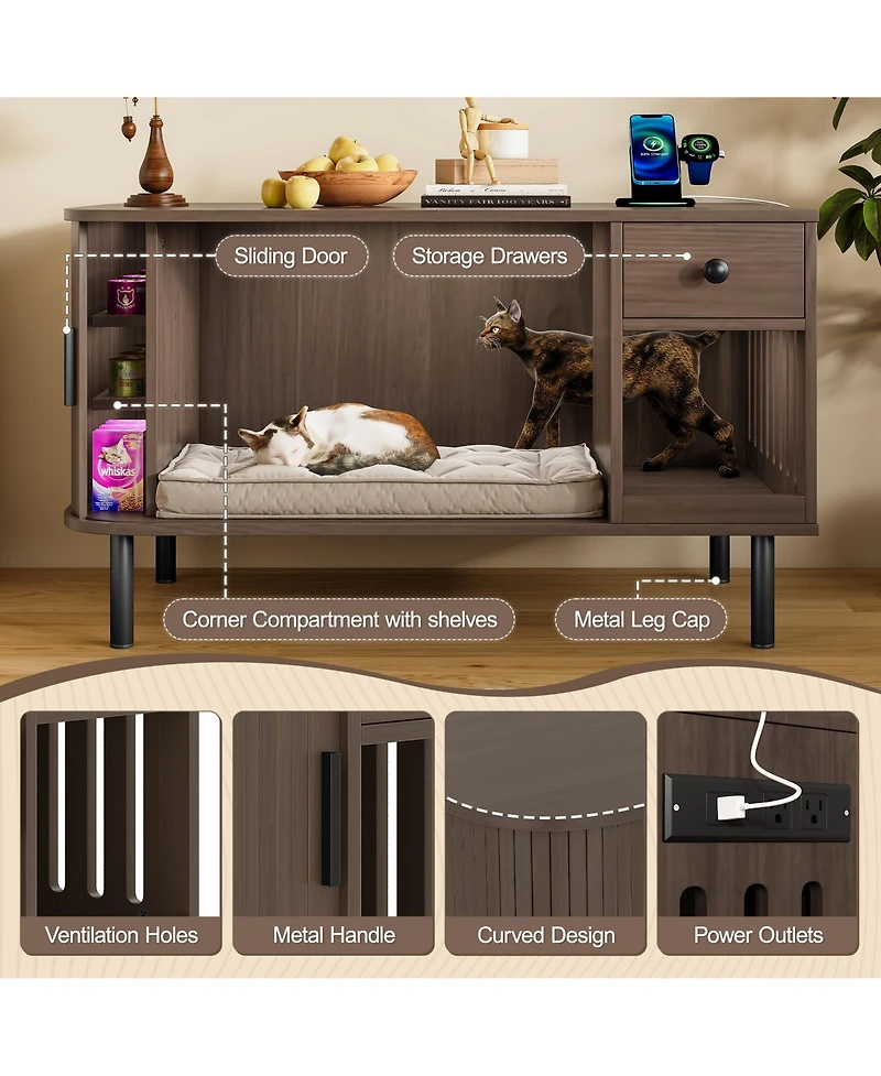 Zeus and Ruta Modern Cat Litter Enclosure with 374 Size Sliding Door Hidden Storage Charging Station Tv Stand End Table