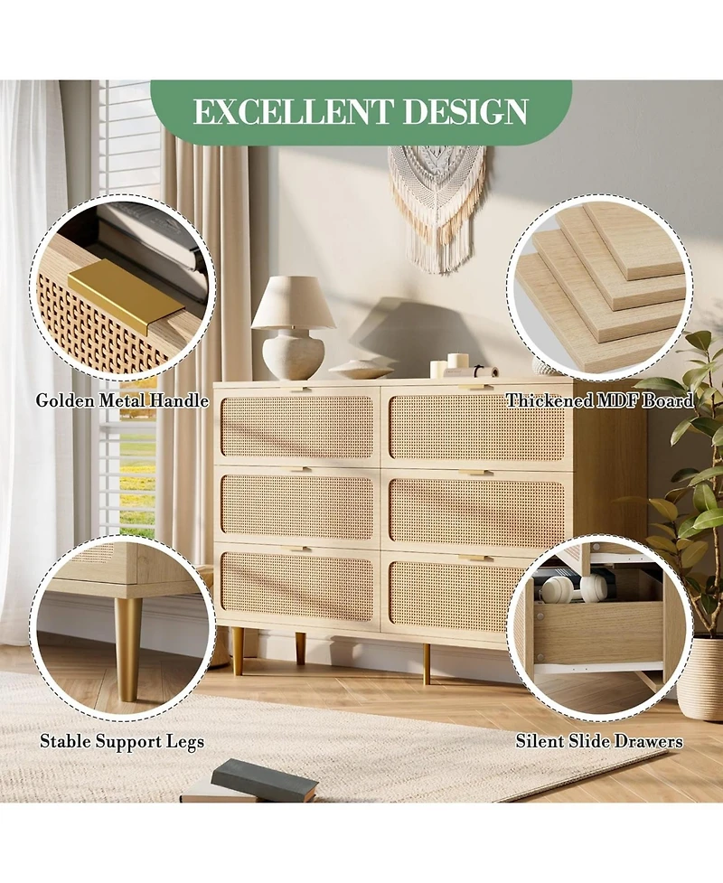 gaomon Rattan 6-Drawer Dresser