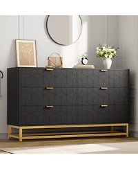 gaomon 53.5" Wide Modern 6 Drawer Dresser Chest, Gold Metal Legs & Handles, Wood Storage Organizer for Bedroom.