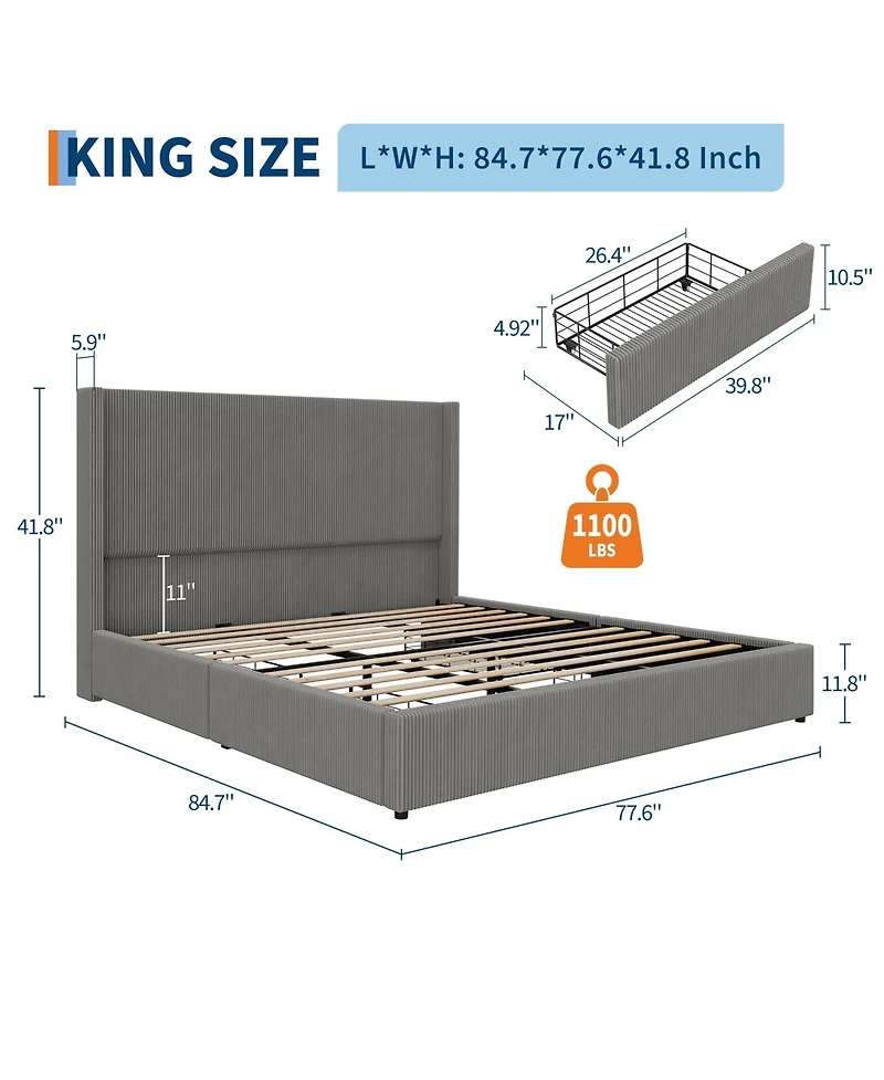 Homfan Upholstered Platform Bed Frame with Storage Drawers