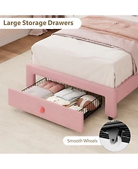 Homfan Bed Frame with Storage Drawer, Velvet Upholstered Platform Headboard and Led Light