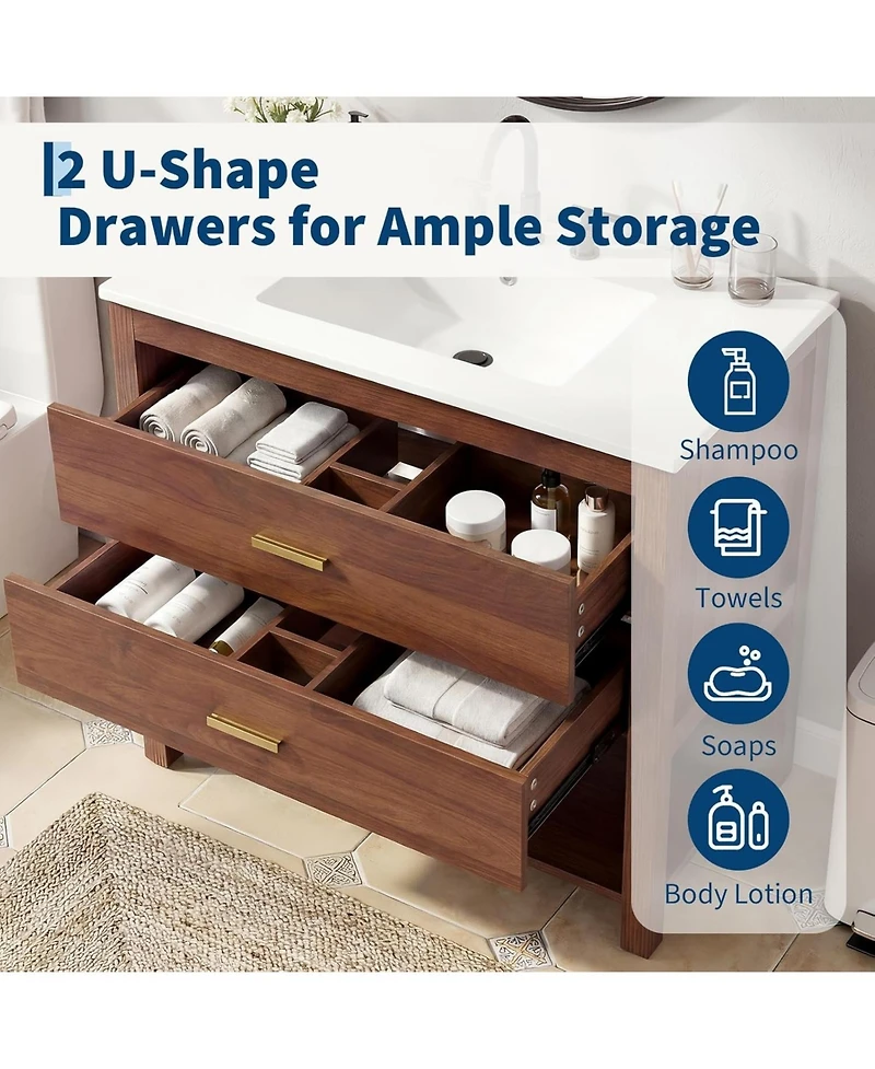 homfan 36" Modern Bathroom Vanity with Sink, Ceramic Integral Basin, 2 Soft-Close Drawers and Open Shelf, Space-Saving Bathroom Cabinet Solution