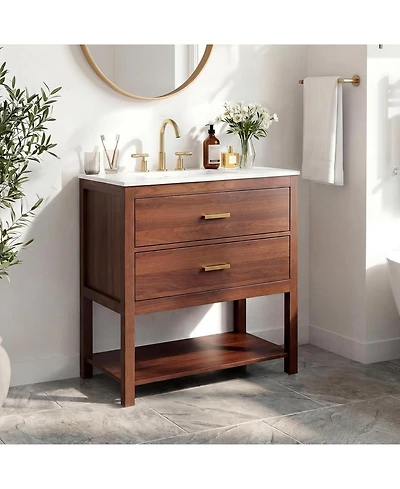 homfan 30" Modern Bathroom Cabinet with Sink, Ceramic Integral Basin, 2 Soft-Close Drawers and Open Shelf, Space-Saving Bathroom Storage Solution