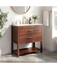 homfan 30" Modern Bathroom Cabinet with Sink, Ceramic Integral Basin, 2 Soft-Close Drawers and Open Shelf, Space-Saving Bathroom Storage Solution