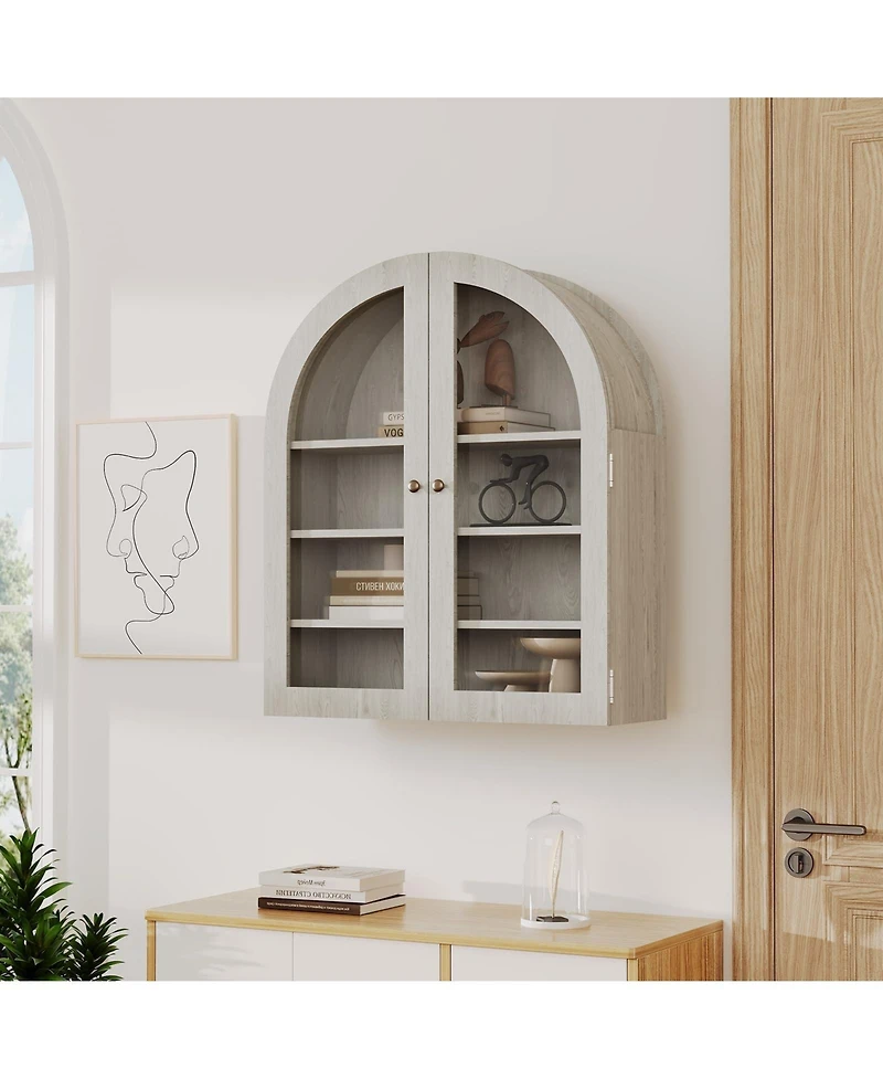 homfan Arched Bathroom Wall Cabinet with Glass Doors and Adjustable Shelves, Wood Over Toilet Storage Organizer for Bathroom and Laundry Room