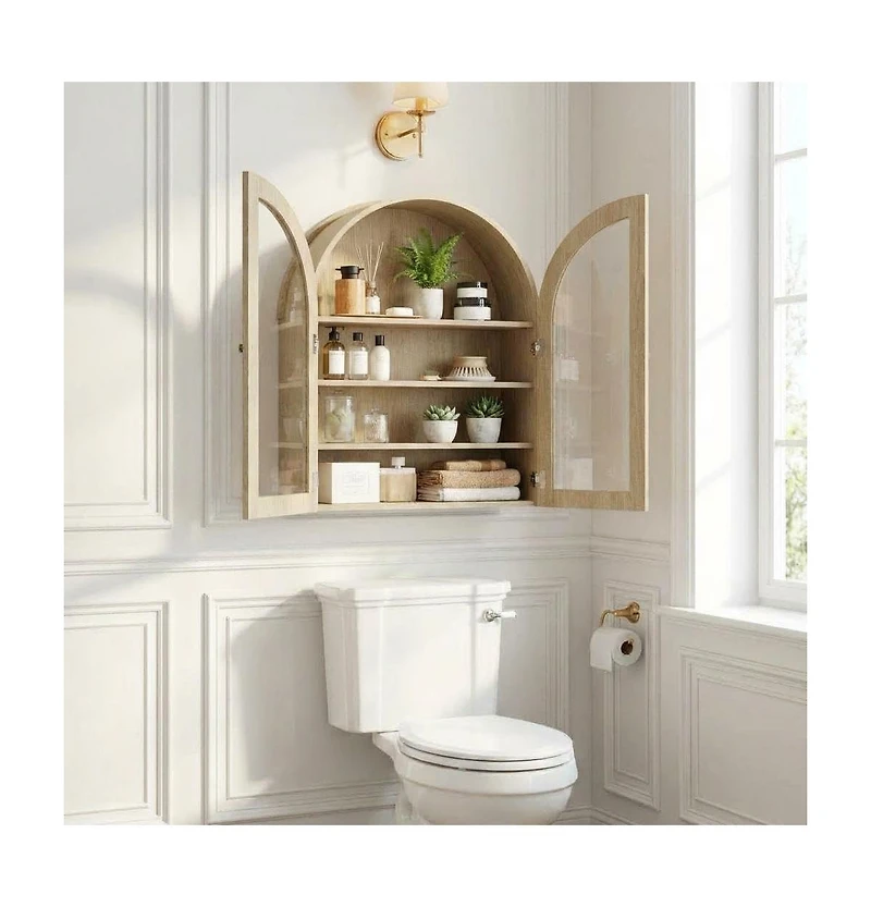 homfan Arched Bathroom Wall Cabinet with Glass Doors and Adjustable Shelves, Wood Over Toilet Storage Organizer for Bathroom and Laundry Room