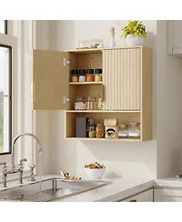 homfan Farmhouse Wall Cabinet with Barn Doors, Adjustable Shelf and Drawer, 25 x 23 x 8 in Storage Organizer for Bath and Laundry