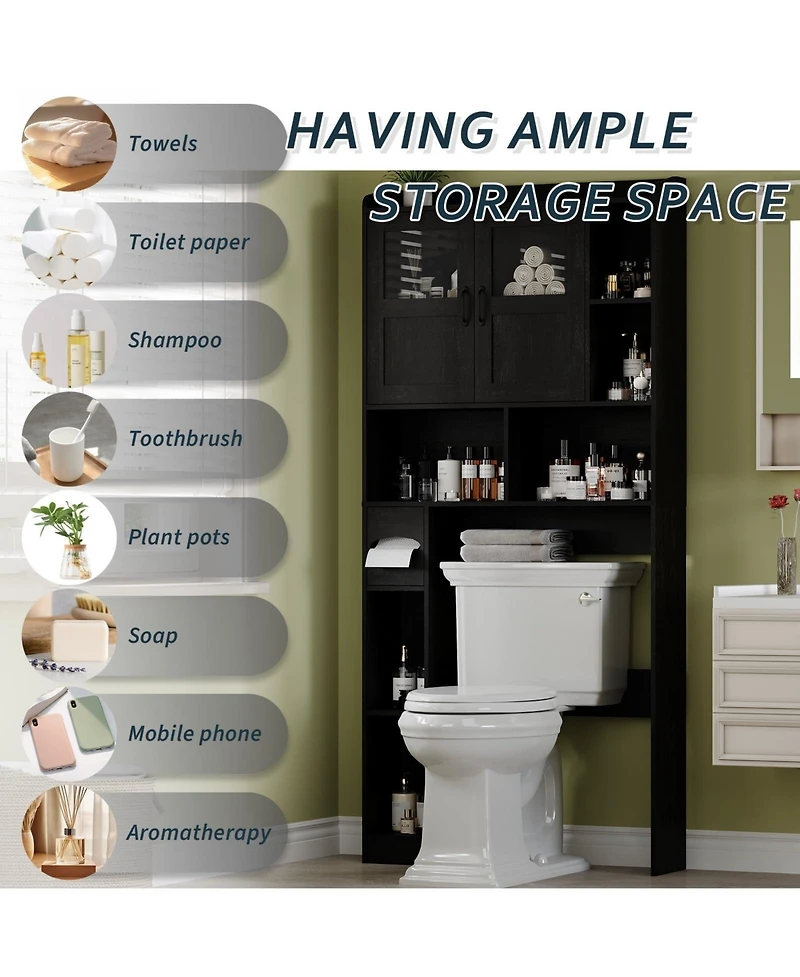 Homfan Over Toilet Storage Cabinet with Glass Doors and Adjustable Shelves, 67.4 in Tall Bathroom Organizer for Bath or Laundry