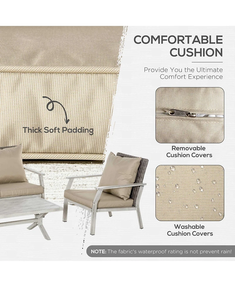 Outsunny Outdoor 4pcs Patio Furniture Set, 2 Plastic Rattan Chairs, 1 Pe Wicker Loveseat Sofa, 1 Center Coffee Table, Soft Cushions for Backyard, Gard