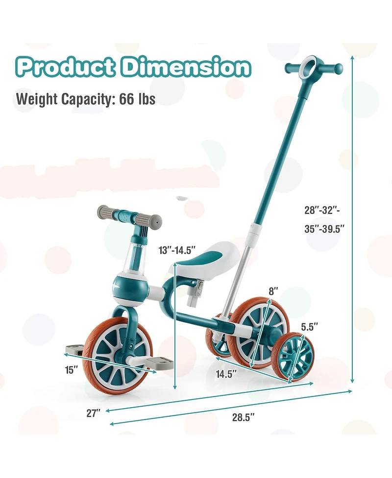 Kids Trike Bike 4-in-1 with Push Handle and Height-Adjustable Seat for Growing