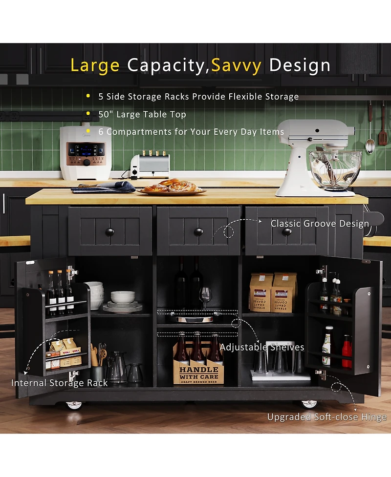 flynama 53" Kitchen Island with 2 Bar Stools and Power Outlet, Rolling Kitchen Cart