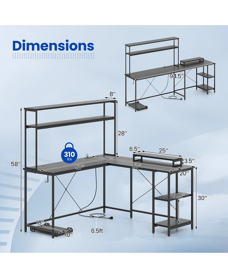 Gouun L-Shaped Gaming Desk with Led Lights and Hutch