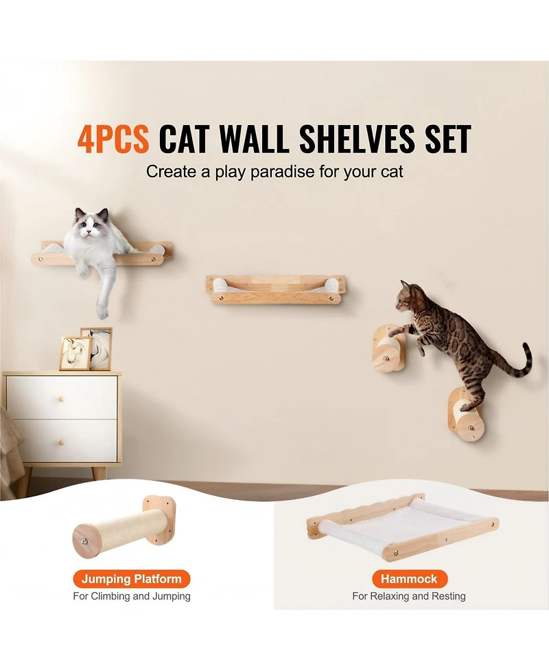 Gouun Wall Mounted Cat Shelves and Perches Set of 4 with Hammocks and Jumping Posts