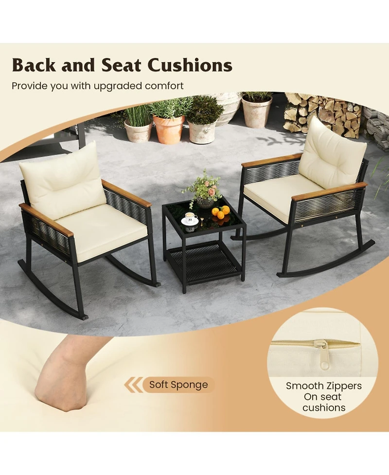 Gouun 3-Piece Pe Rattan Rocking Chair Set with Acacia Wood Armrests and 2-Tier Table